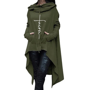 Womens Warm Long Sleeve Pullover Cape - Faith Embroidered, Irregular Hem, Pocket  Plus Sizes