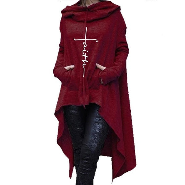 Womens Warm Long Sleeve Pullover Cape - Faith Embroidered, Irregular Hem, Pocket  Plus Sizes