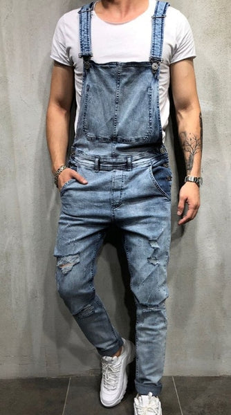 Men's Fashion Ripped Jean Overalls S-XXXL Light Blue