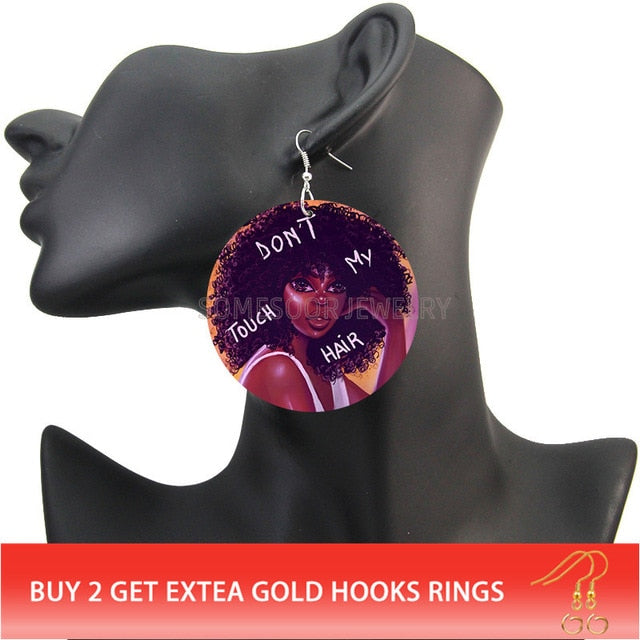 Womens Afro Girl Wooden Drop Earrings - Don't Touch My Hair, Double Sided