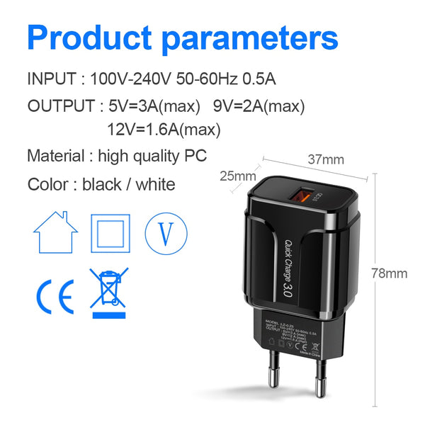 3A Quick EU Wall Charger 3.0 USB iPhone Samsung Xiaomi