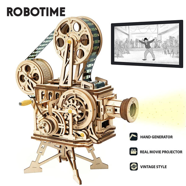 3D Wooden Model Building Puzzle - Classic Hand Crank, Real Film Projector/Vitascope, with moving parts
