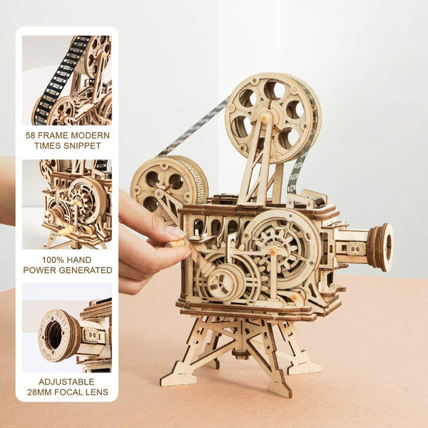 3D Wooden Model Building Puzzle - Classic Hand Crank, Real Film Projector/Vitascope, with moving parts