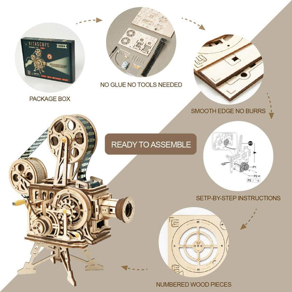 3D Wooden Model Building Puzzle - Classic Hand Crank, Real Film Projector/Vitascope, with moving parts