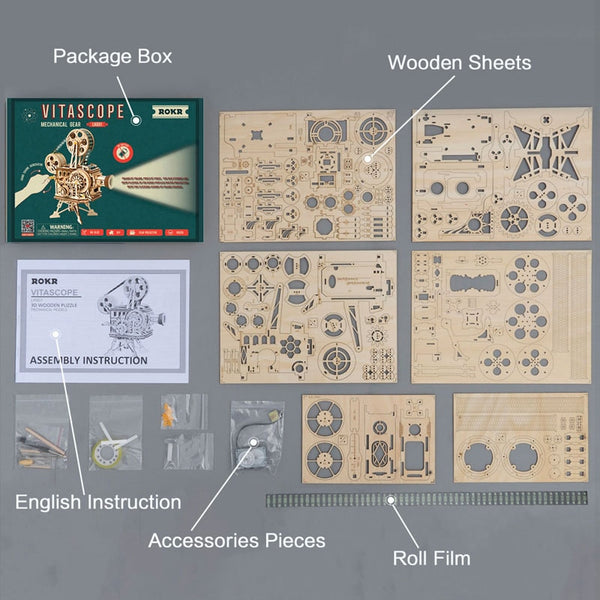 3D Wooden Model Building Puzzle - Classic Hand Crank, Real Film Projector/Vitascope, with moving parts