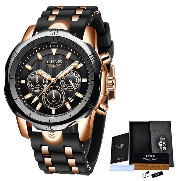 Mens LIGE Top Brand Luminous Quartz WristWatch - Life Waterproof, Military, Stop Watch, Shock Resistant, Auto Date, Chronograph, Complete Calendar