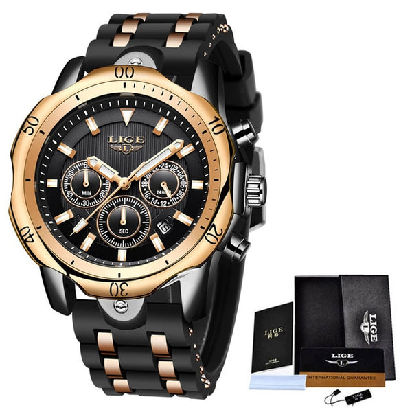 Mens LIGE Top Brand Luminous Quartz WristWatch - Life Waterproof, Military, Stop Watch, Shock Resistant, Auto Date, Chronograph, Complete Calendar