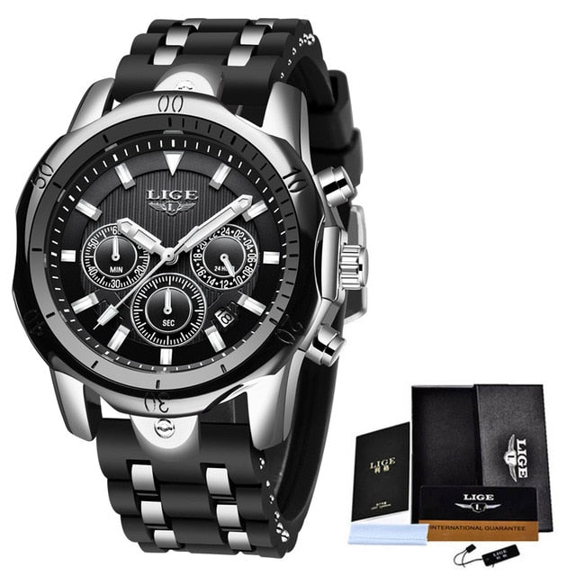 Mens LIGE Top Brand Luminous Quartz WristWatch - Life Waterproof, Military, Stop Watch, Shock Resistant, Auto Date, Chronograph, Complete Calendar