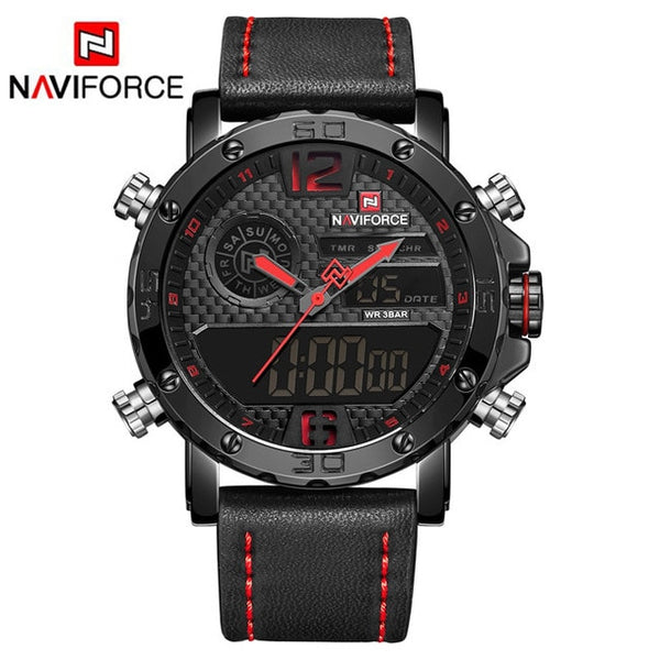 Mens NAVIFORCE Military Leather Watch - 30M Alarm Analog Digital Quartz Clock