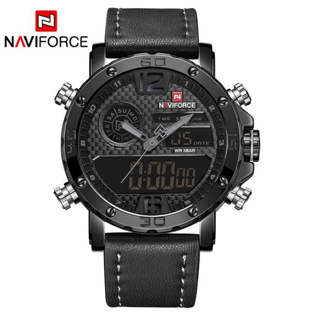 Mens NAVIFORCE Military Leather Watch - 30M Alarm Analog Digital Quartz Clock