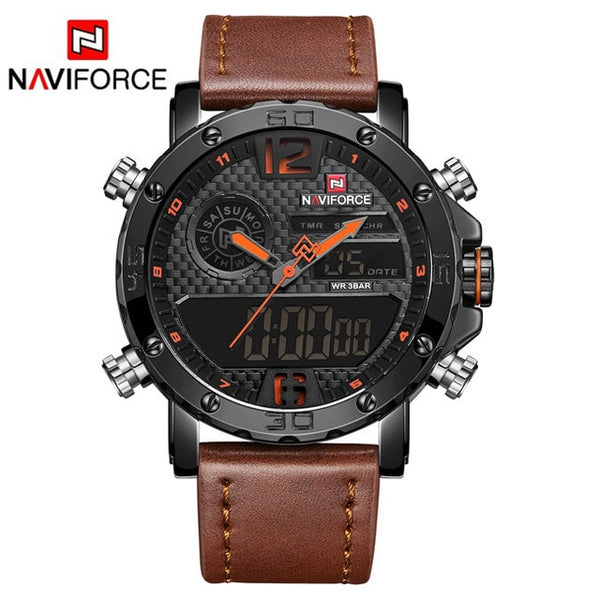 Mens NAVIFORCE Military Leather Watch - 30M Alarm Analog Digital Quartz Clock