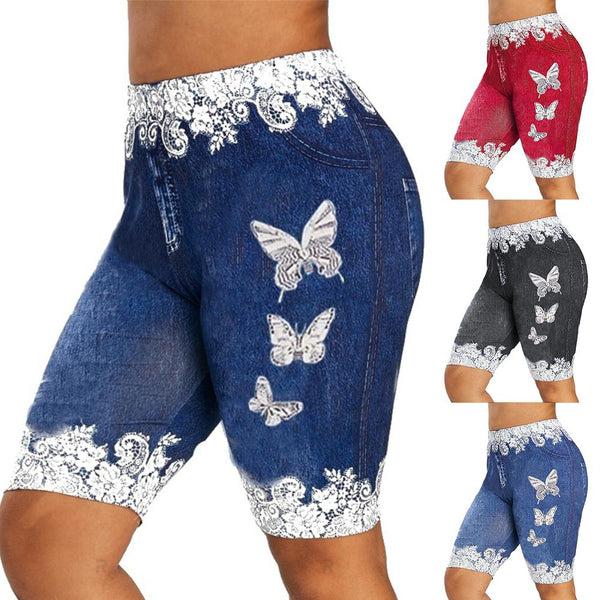 Womens Lacey Patchwork Butterfly Elastic Denim Shorts Red Blue Black