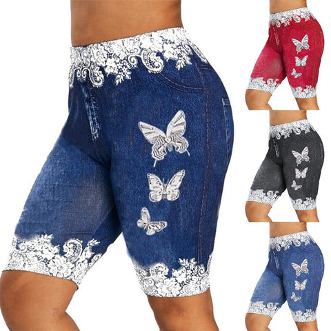Womens Lacey Patchwork Butterfly Elastic Denim Shorts Red Blue Black