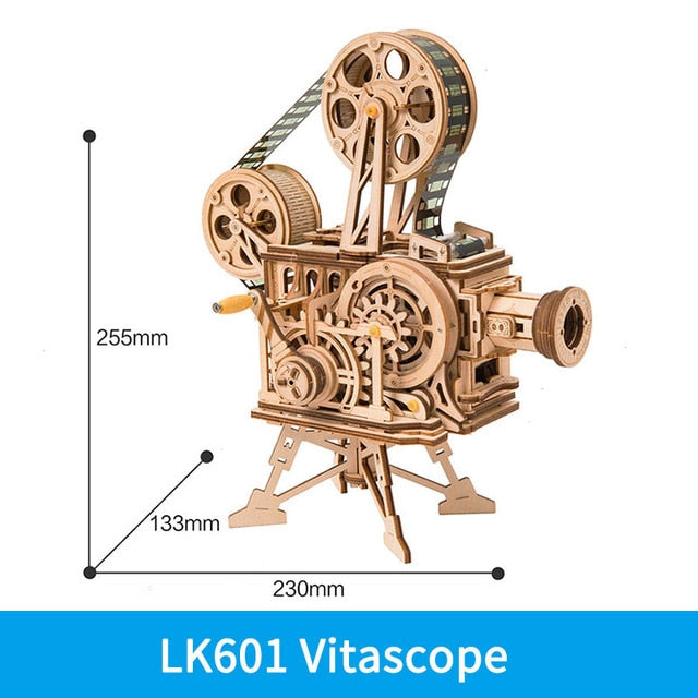 3D Wooden Model Building Puzzle - Classic Hand Crank, Real Film Projector/Vitascope, with moving parts