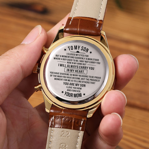 To My Son From Mom Engraved Steel Wooden Watch - I Closed My Eyes For But A Moment and Suddenly A Man Stood Where A Boy Used To Be...