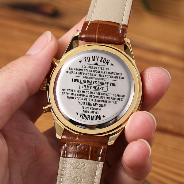 To My Son From Mom Engraved Steel Wooden Watch - I Closed My Eyes For But A Moment and Suddenly A Man Stood Where A Boy Used To Be...