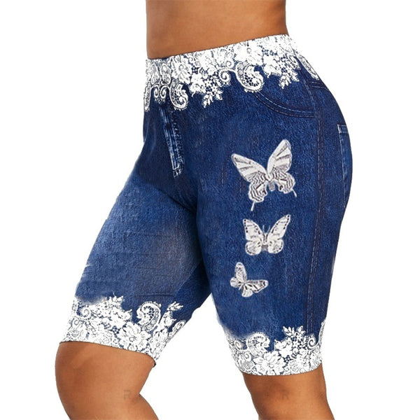 Womens Lacey Patchwork Butterfly Elastic Denim Shorts