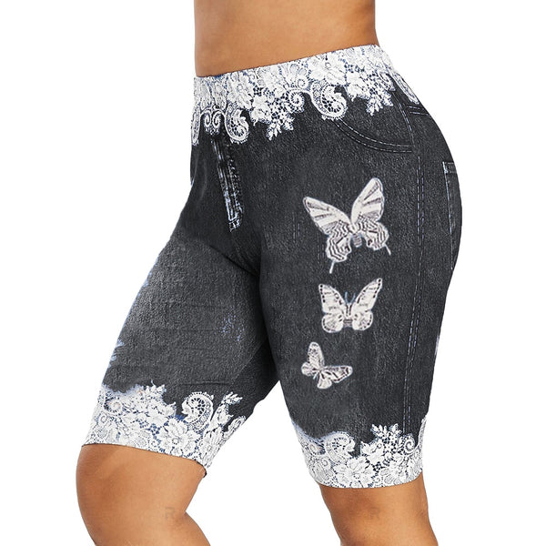 Womens Lacey Patchwork Butterfly Elastic Denim Shorts
