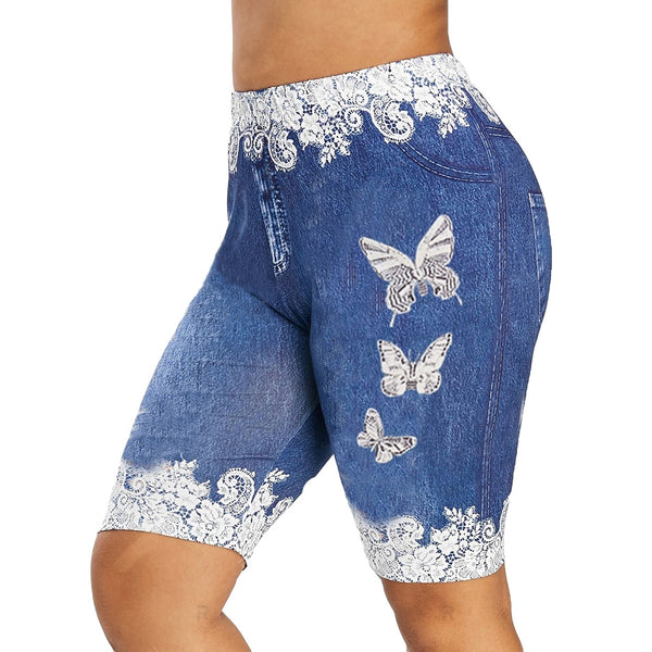 Womens Lacey Patchwork Butterfly Elastic Denim Shorts