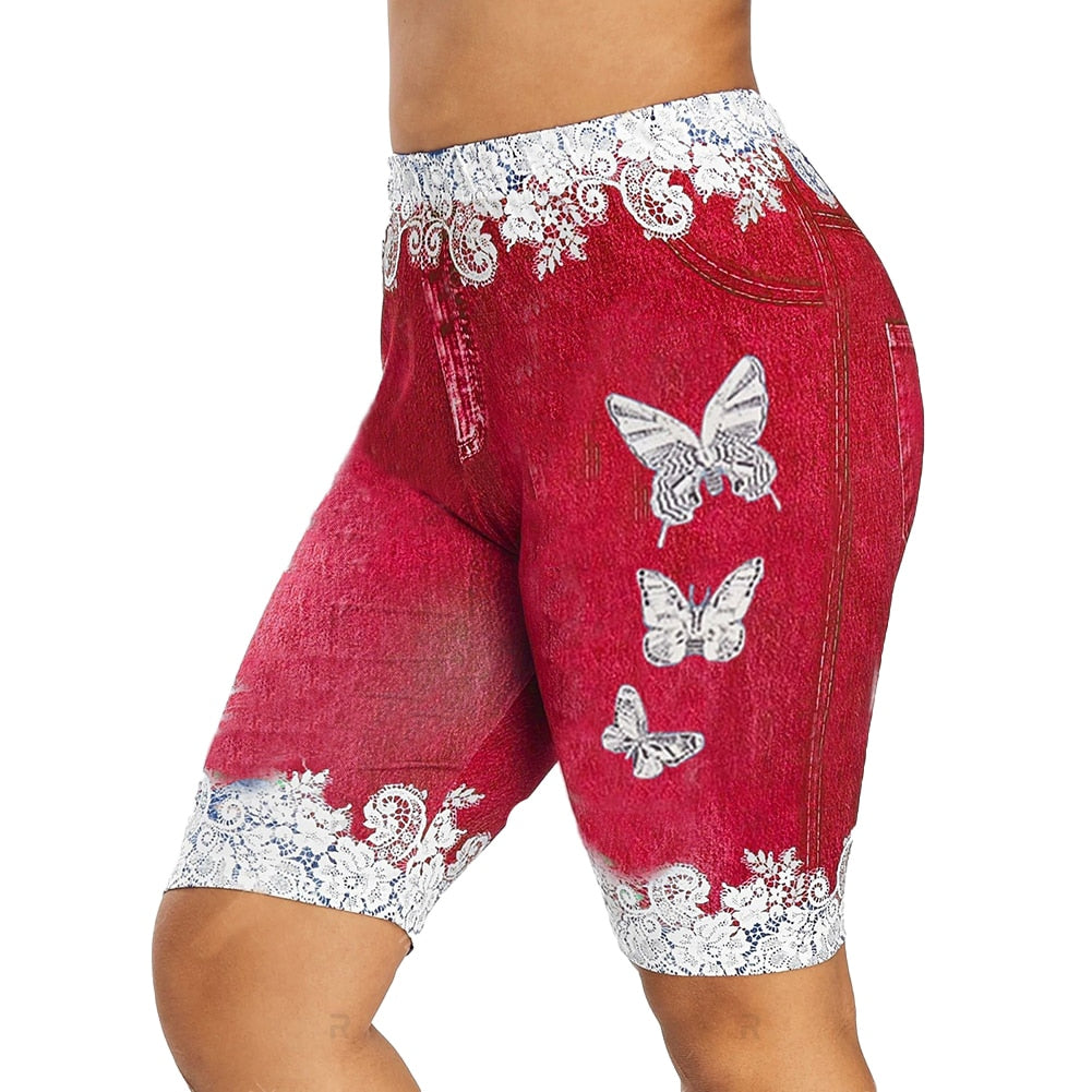 Womens Lacey Patchwork Butterfly Elastic Denim Shorts