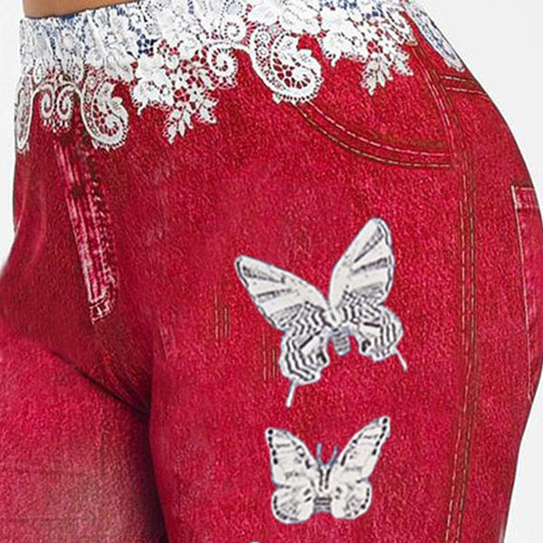Womens Lacey Patchwork Butterfly Elastic Denim Shorts