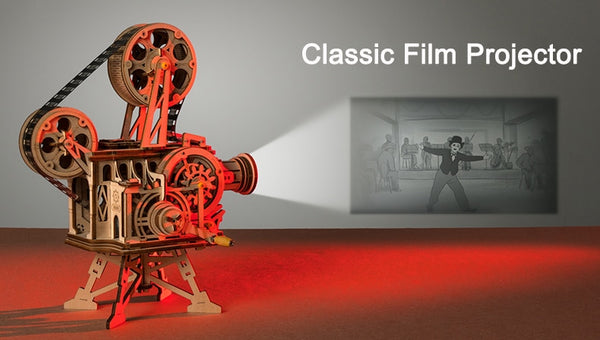 3D Wooden Model Building Puzzle - Classic Hand Crank, Real Film Projector/Vitascope, with moving parts