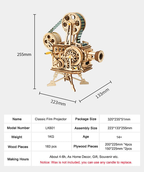 3D Wooden Model Building Puzzle - Classic Hand Crank, Real Film Projector/Vitascope, with moving parts