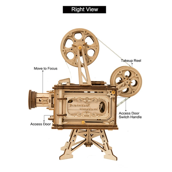 3D Wooden Model Building Puzzle - Classic Hand Crank, Real Film Projector/Vitascope, with moving parts