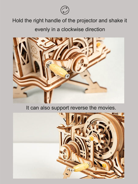 3D Wooden Model Building Puzzle - Classic Hand Crank, Real Film Projector/Vitascope, with moving parts