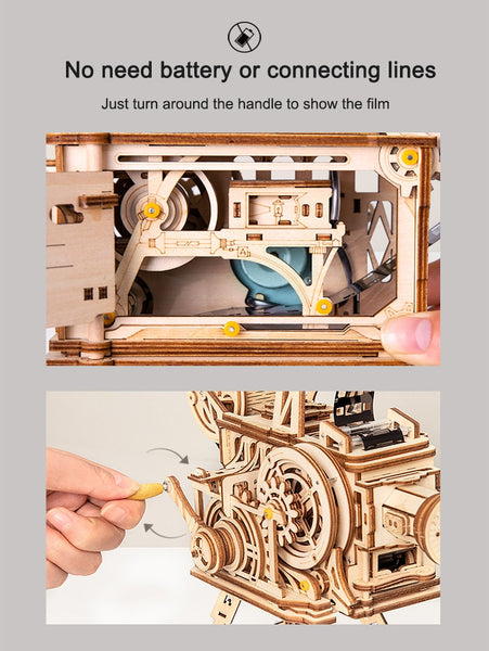 3D Wooden Model Building Puzzle - Classic Hand Crank, Real Film Projector/Vitascope, with moving parts