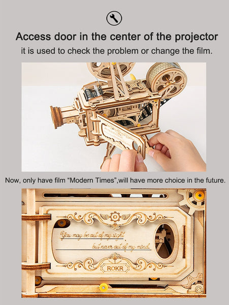 3D Wooden Model Building Puzzle - Classic Hand Crank, Real Film Projector/Vitascope, with moving parts
