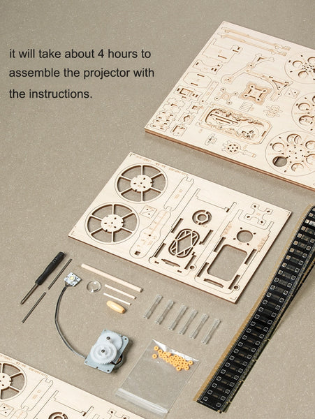 3D Wooden Model Building Puzzle - Classic Hand Crank, Real Film Projector/Vitascope, with moving parts