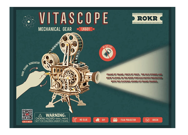 3D Wooden Model Building Puzzle - Classic Hand Crank, Real Film Projector/Vitascope, with moving parts