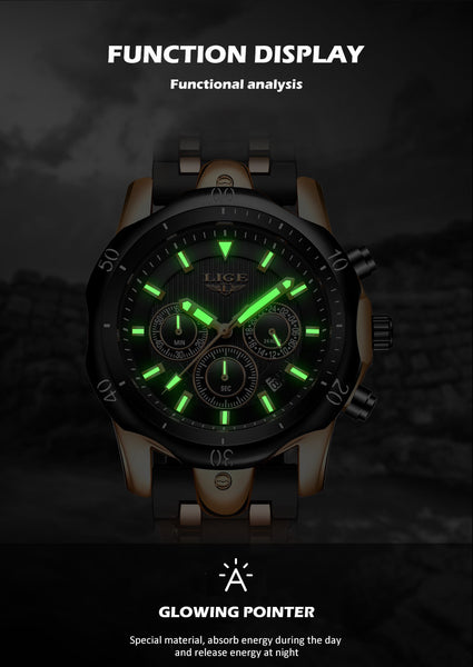 Mens LIGE Top Brand Luminous Quartz WristWatch - Life Waterproof, Military, Stop Watch, Shock Resistant, Auto Date, Chronograph, Complete Calendar