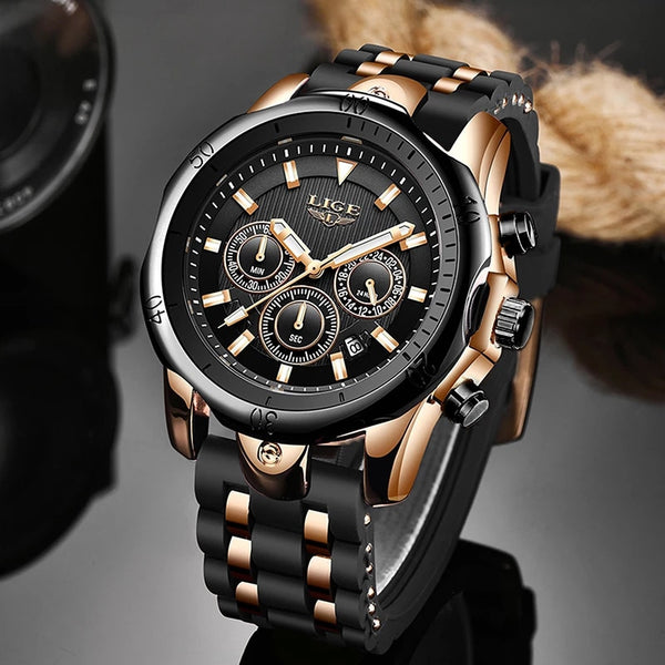 Mens LIGE Top Brand Luminous Quartz WristWatch - Life Waterproof, Military, Stop Watch, Shock Resistant, Auto Date, Chronograph, Complete Calendar