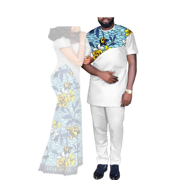 Mens White with Blue/Yellow Flowers Matching Dashiki Shirt and Pants