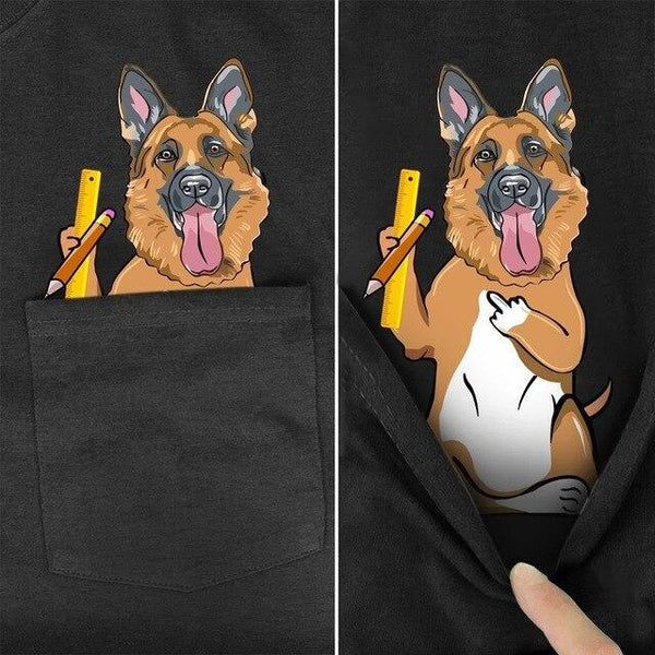 Animal in T-shirt Pocket giving the finger German Shepard
