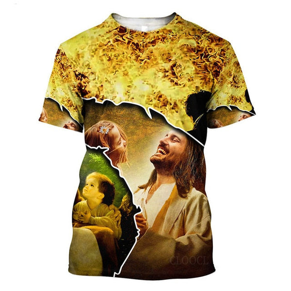 Mens and Womens Jesus Laughing with Children T-Shirt Yellow