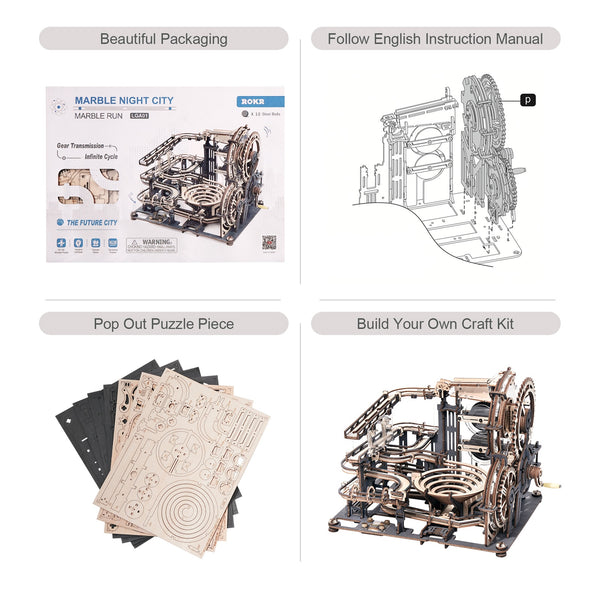 DIY Wooden Waterwheel Coaster Puzzle - Mechanical Gear Transmission, Marble Night City