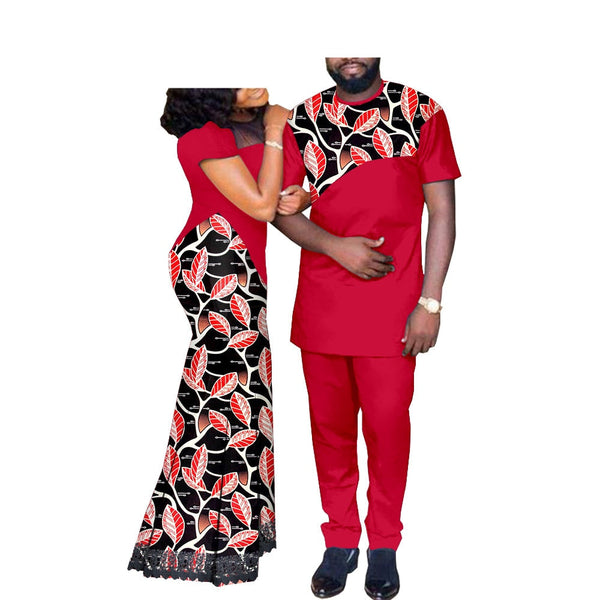 Couples Matching Dashiki Outfits Red with Red & White Leaves  Womens Dress and Mens Shirt & Pants
