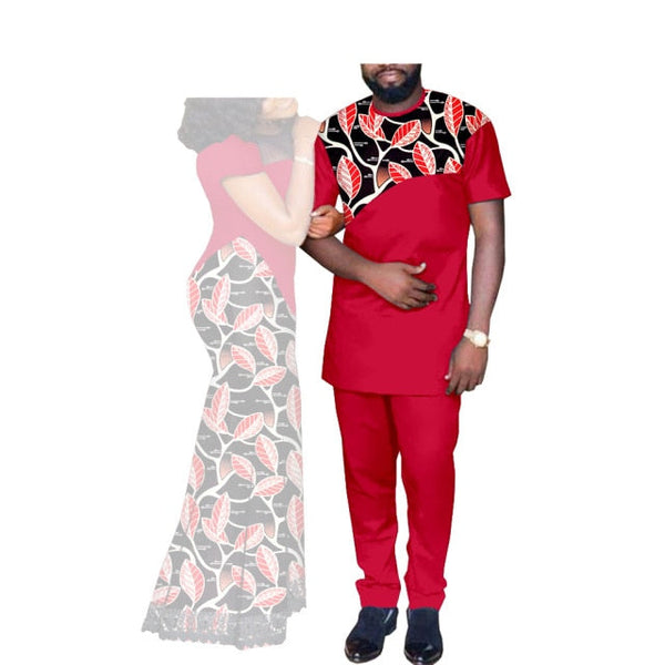 Mens Red with Red Leaves Matching Dashiki Shirt and Pants