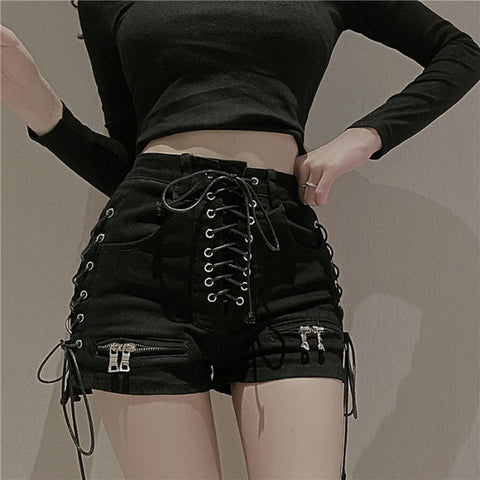 Black Lace Up Denim Shorts