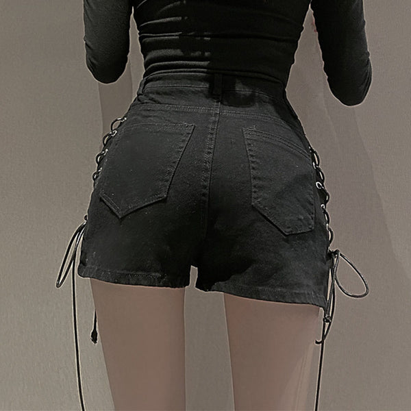 Womens Sexy High Waist Lace Up Denim Shorts