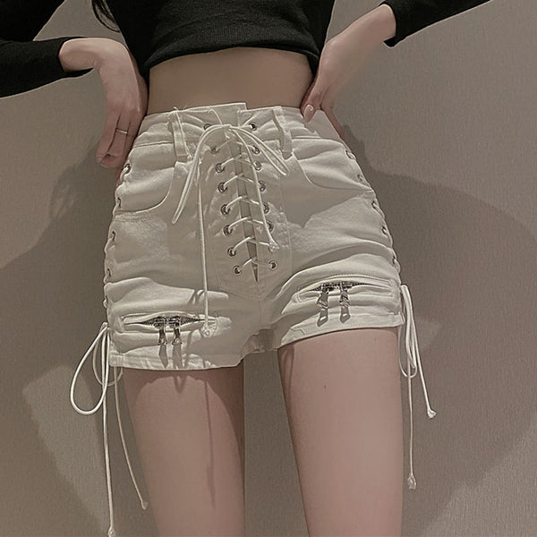 Womens Sexy High Waist Lace Up Denim Shorts