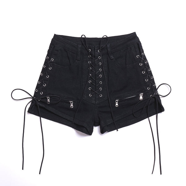 Womens Sexy High Waist Lace Up Denim Shorts