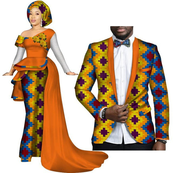 African Couples Clothing Women Dress Men Blazer Orange and Aztec