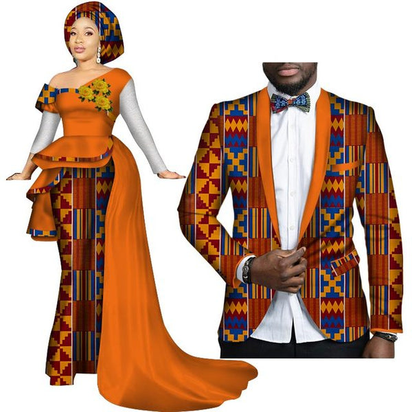 African Couples Clothing Women Dress Men Blazer Orange and African Print