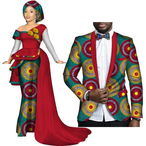 African Couples Clothing Women Dress Men Blazer Red and Green