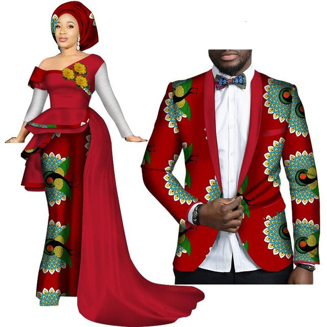 African Couples Clothing Women Dress Men Blazer Red