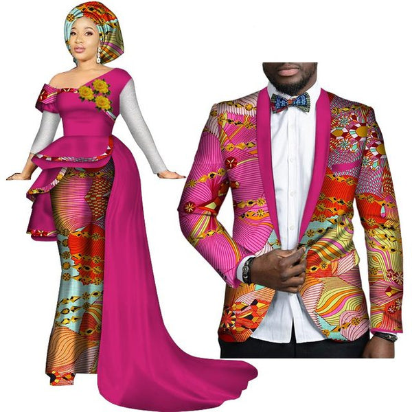 African Couples Clothing Women Dress Men Blazer Pink